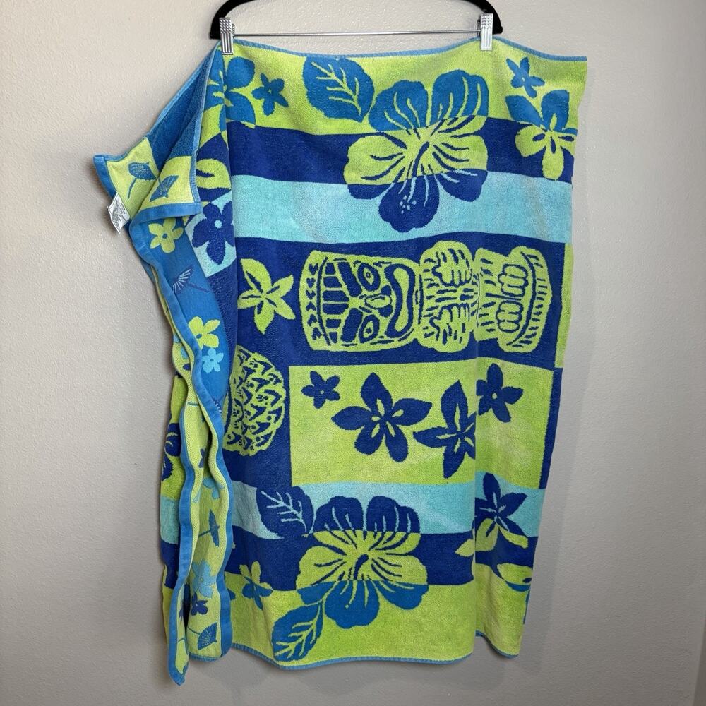Kirkland Hawaiian Tiki Hibiscus Egyptian Cotton Lrg Beach Towel Blue Green 36x66